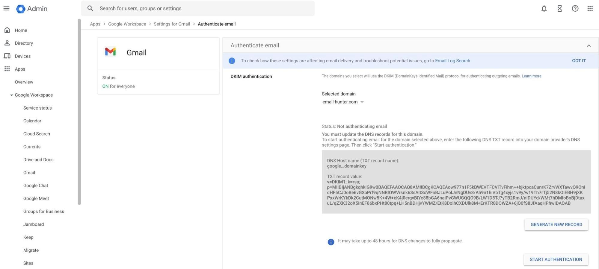 Google Workspace settings showing a public DKIM key