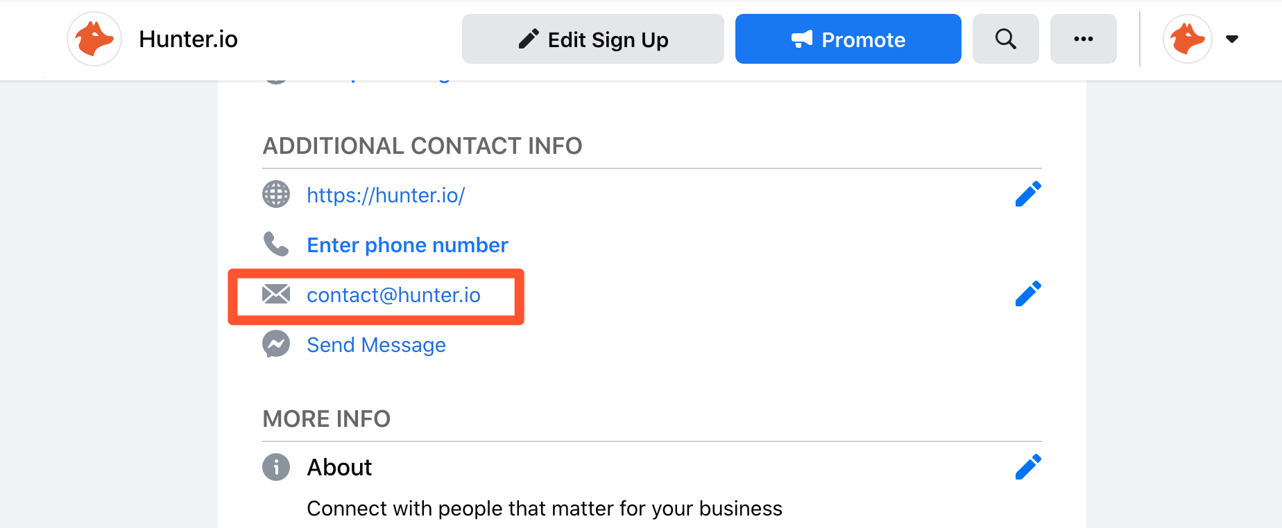 Find generic email address on company social media pages