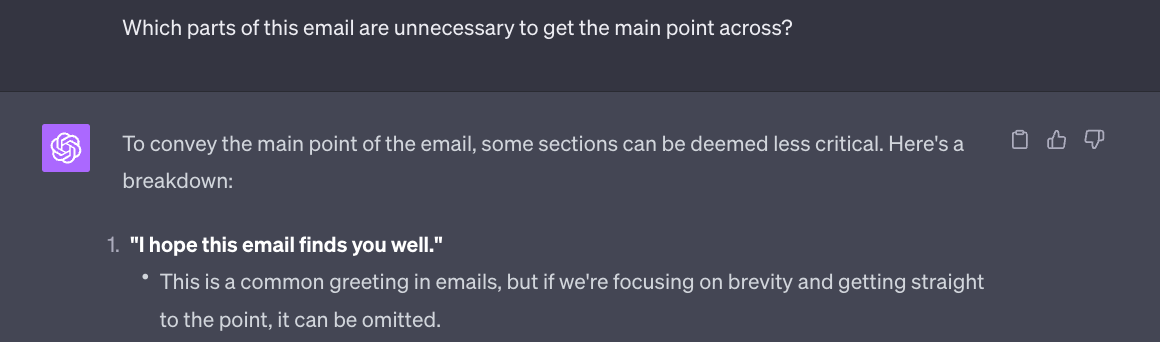 A ChatGPT prompt and response that helps pinpoint parts of a cold email that aren't necessary and can be removed to make the message shorter