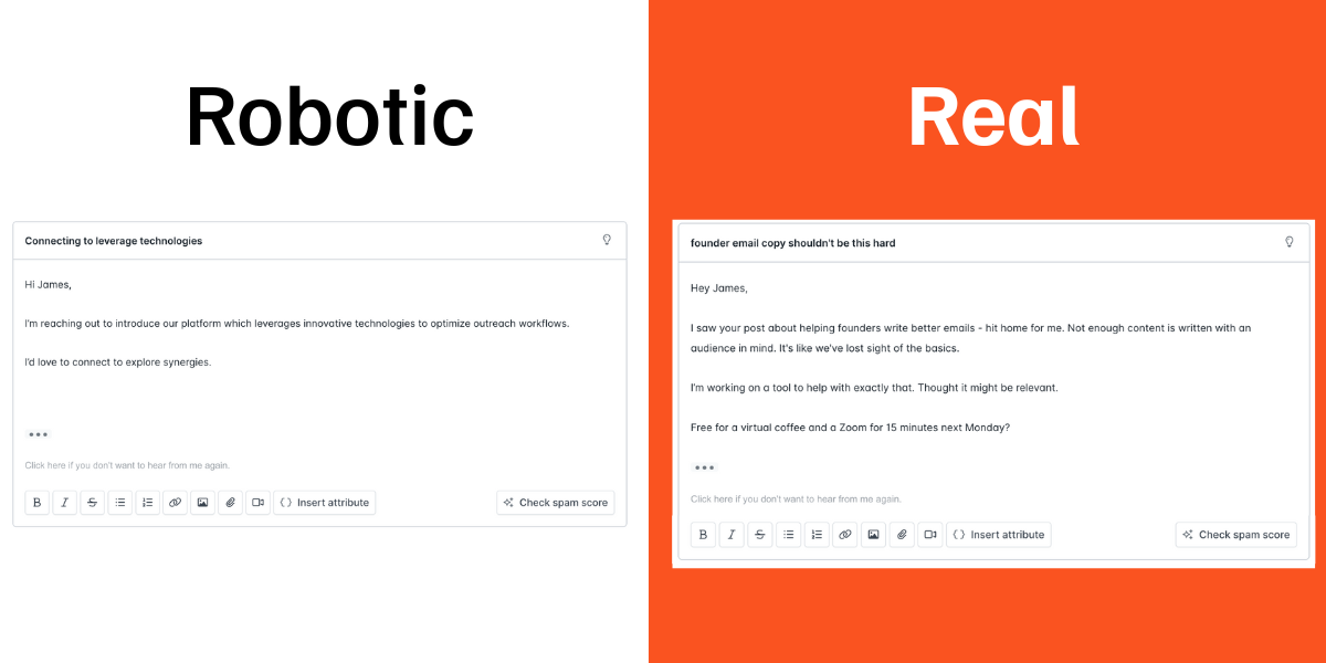 Our email on the left is a generic ChatGPT output - lifeless, generic, and without a clear ask. On the right we've tweaked it reflect my tone of voice, and controlled our ask of the reader.