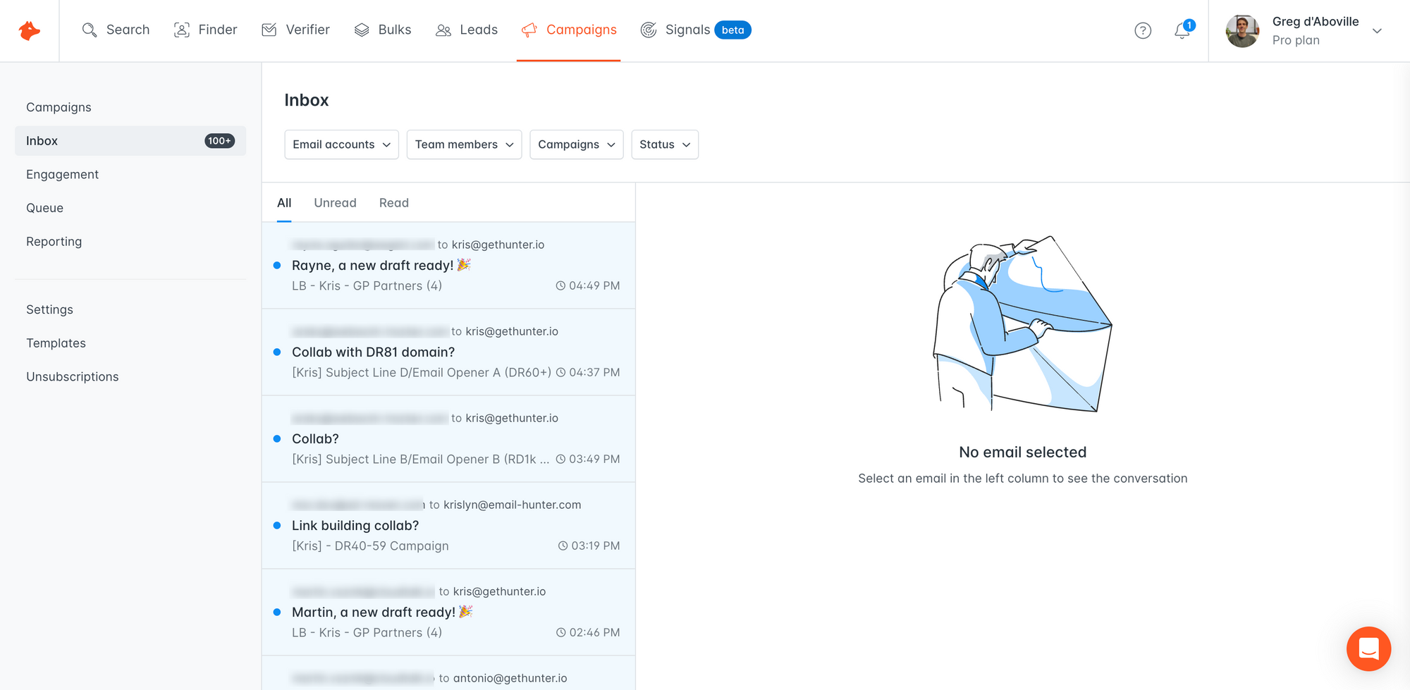 A screenshot of the dedicated inbox in Campaigns