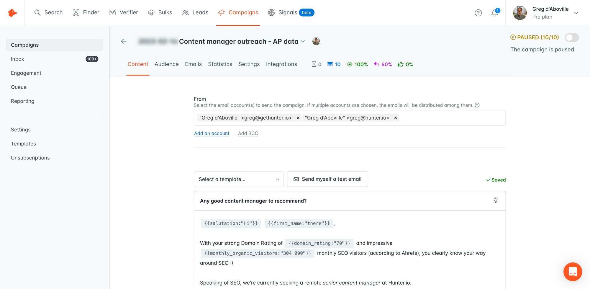 A screenshot of a cold email sequence in Hunter Sequences