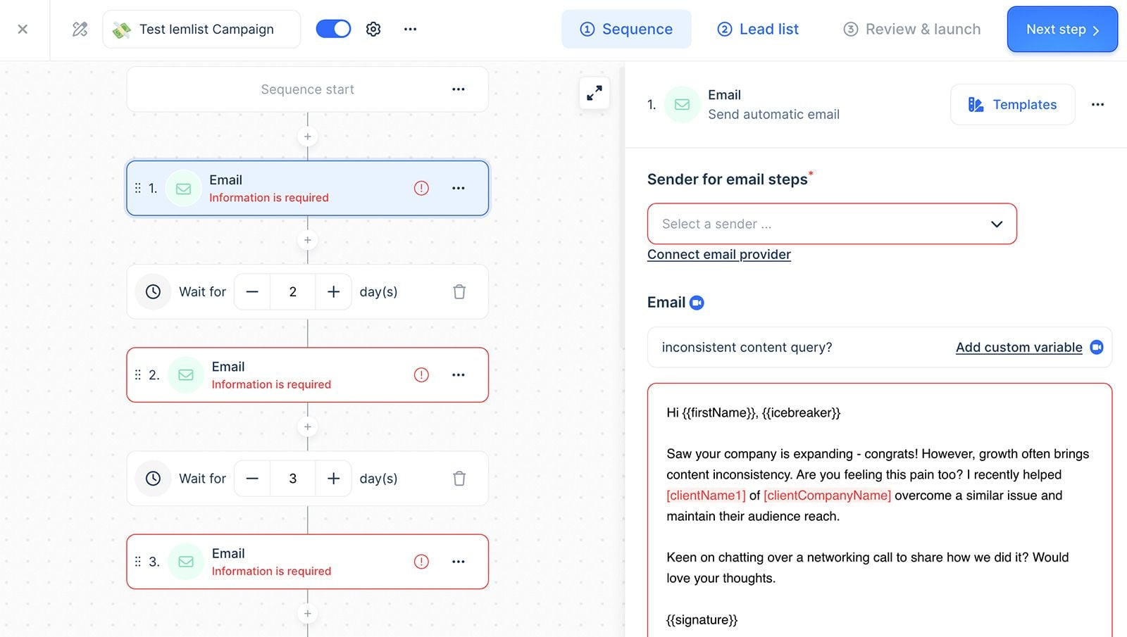 A screenshot of a cold email campaign in Lemlist
