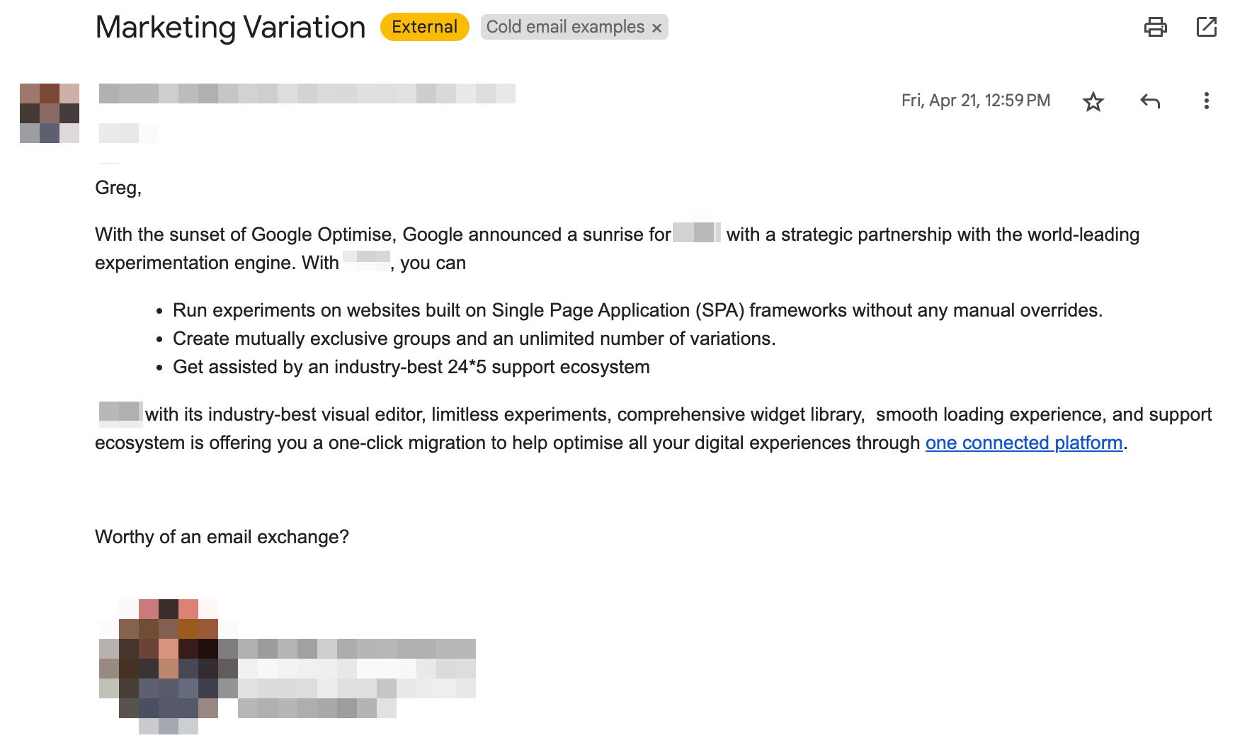 A cold email that uses an unordered list to present complex information in a user-friendly way