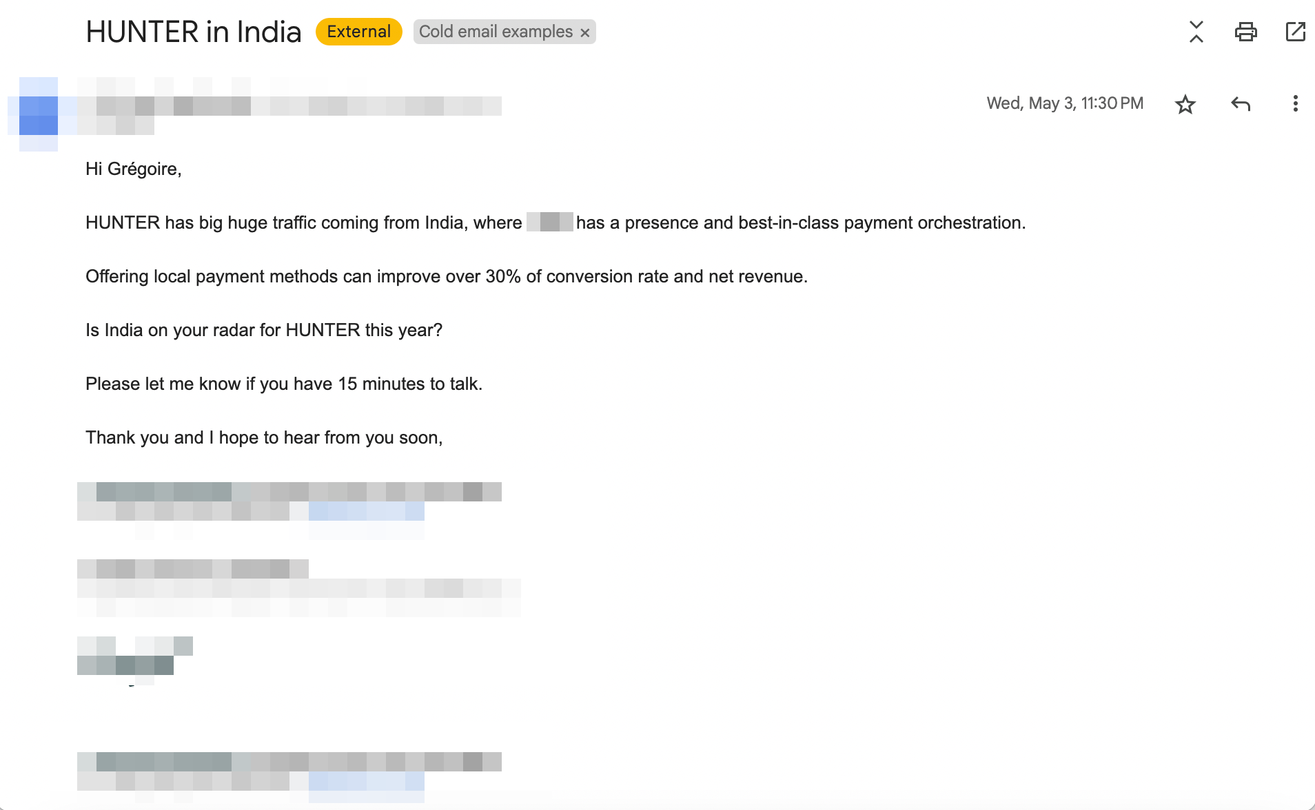 An example of a cold email that uses a compelling subject line which generates attention and interest, but also properly references the main topic of the message