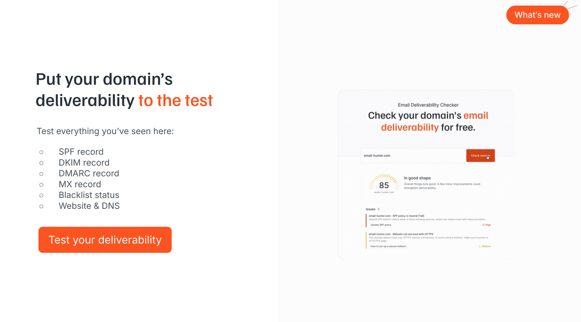 Try Hunter's free domain deliverability checker