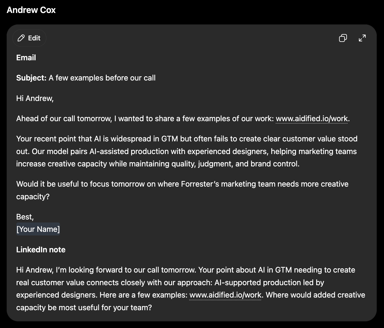 Email and LinkedIn message example one