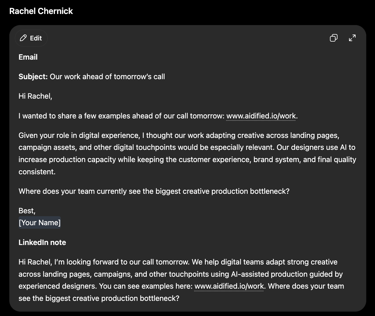 Email and LinkedIn message example three