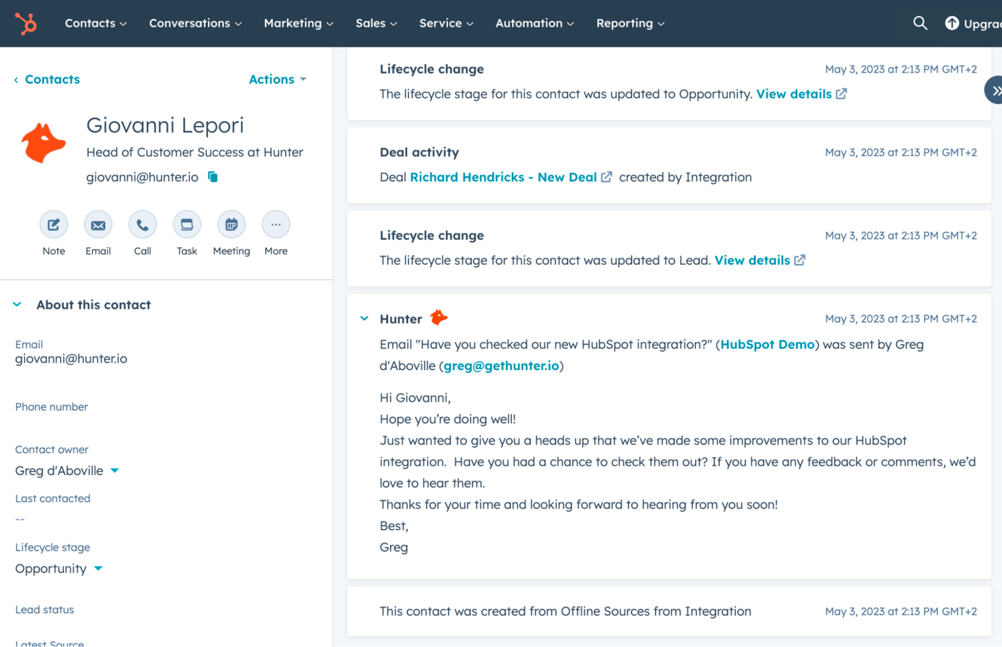 A screenshot of a HubSpot contact page with Hunter Sequences activity