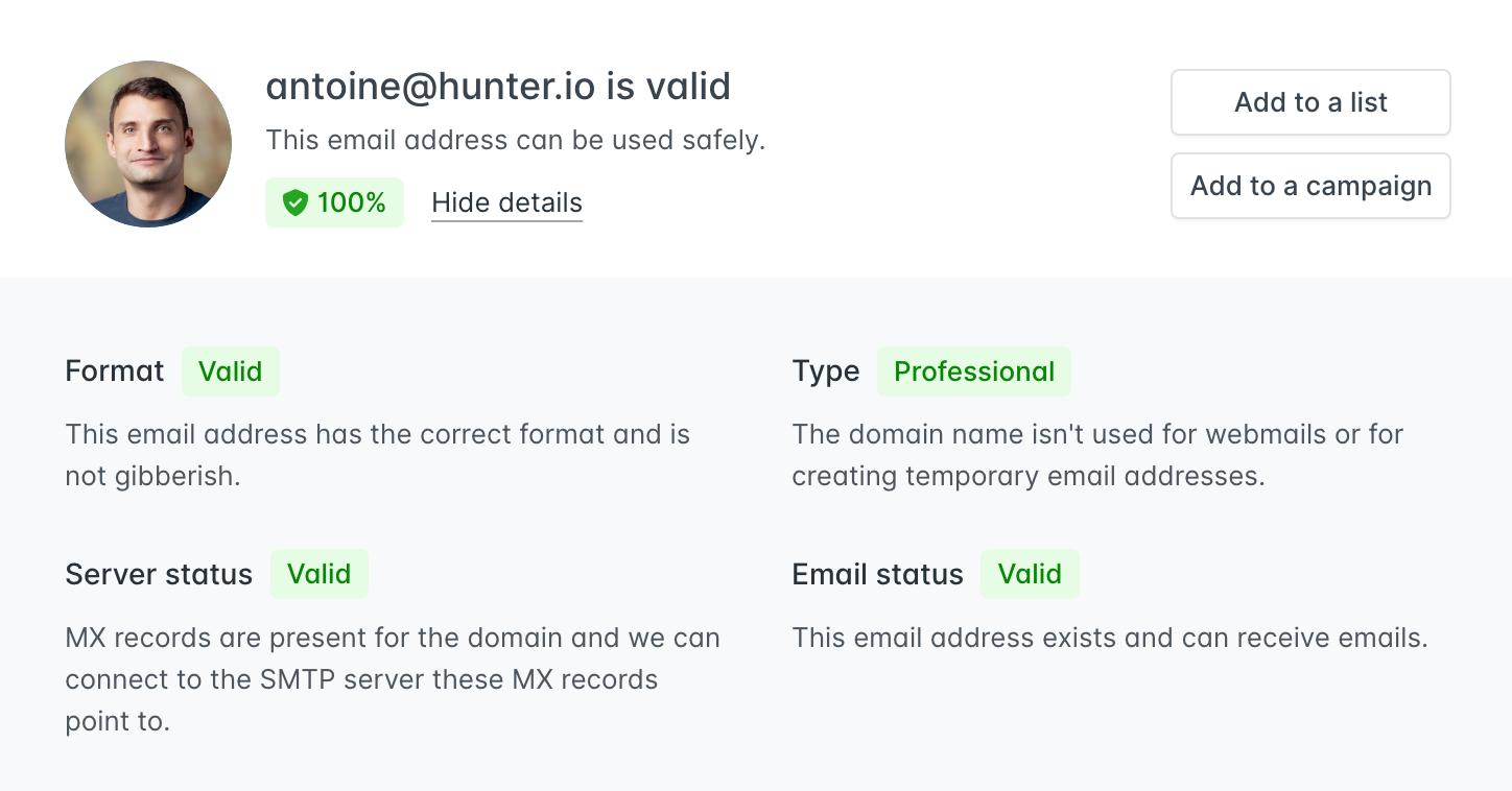 Hunter's email verifier checks