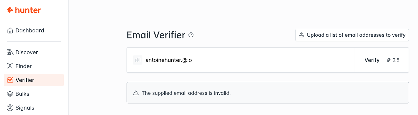 Email verifier identifying the format and sytax error in the email address.