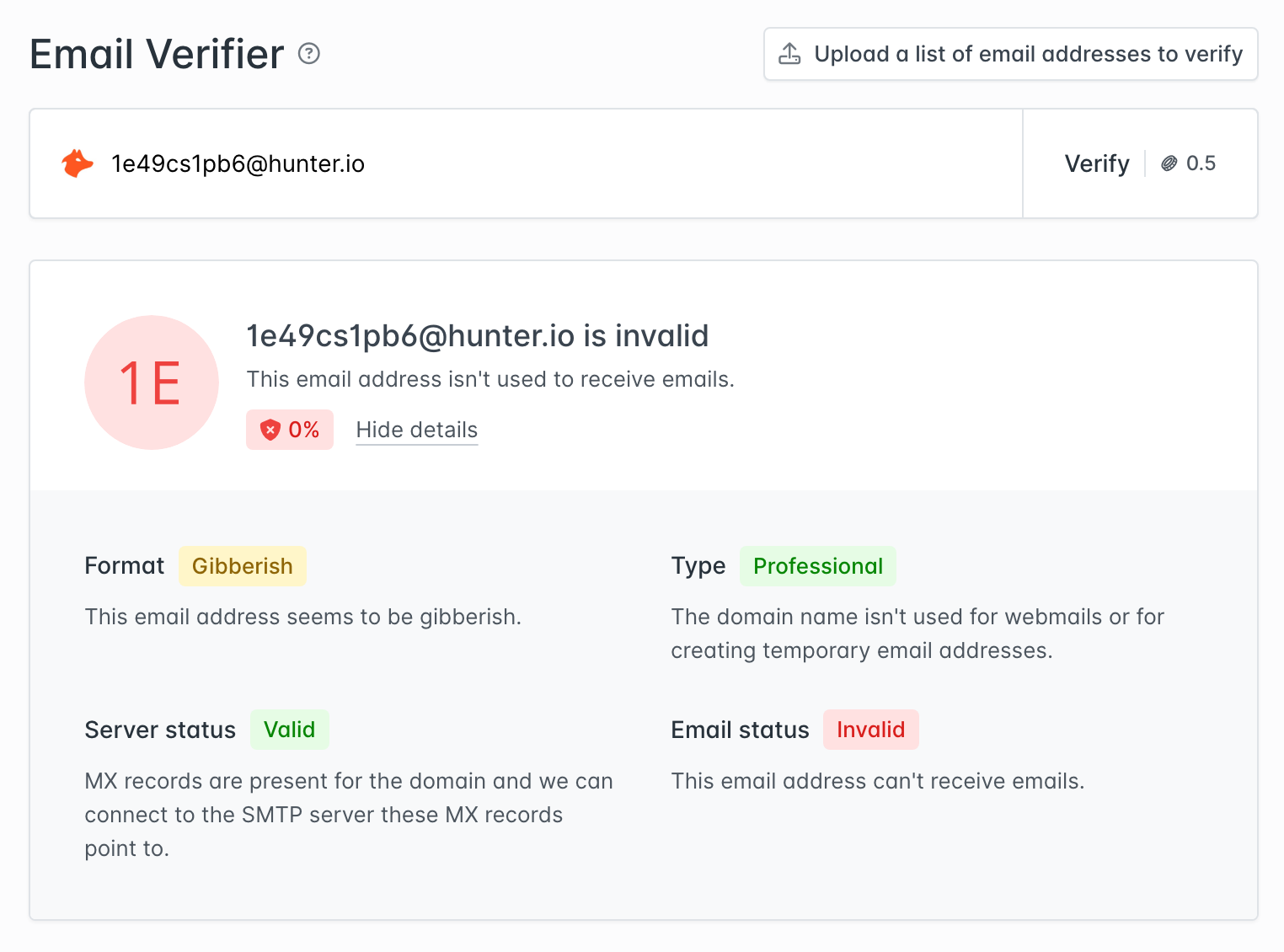 Email verifier identifies a gibberish email address.