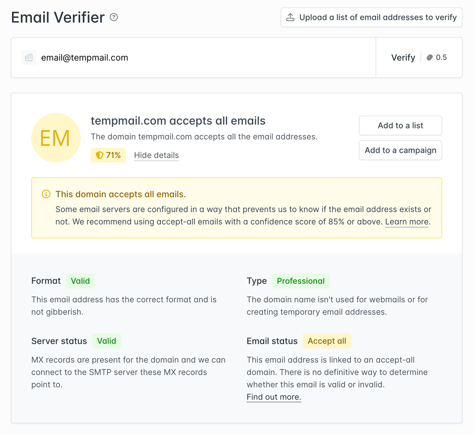 Email verifier showing an accept-all status.