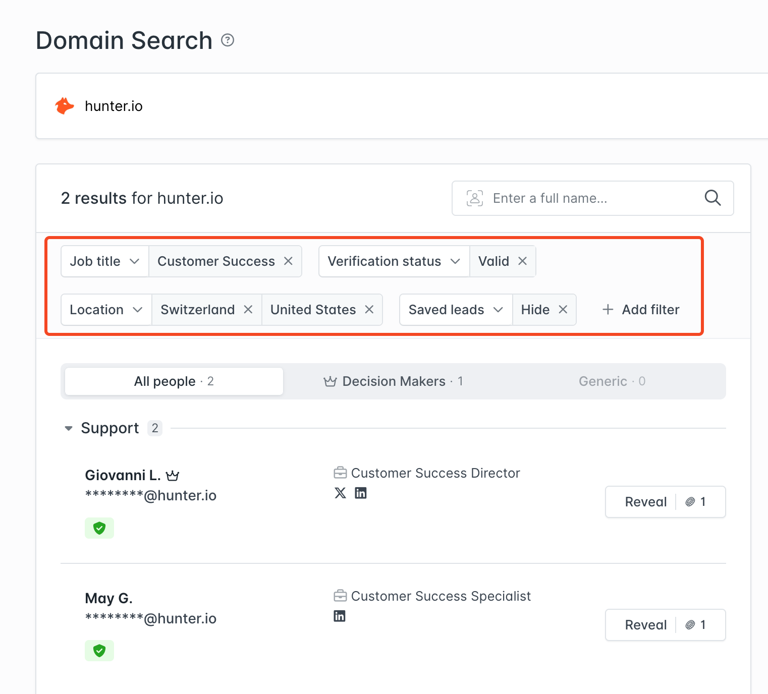 Filters in the Domain Search can be combined to filter people for a specific domain or company.