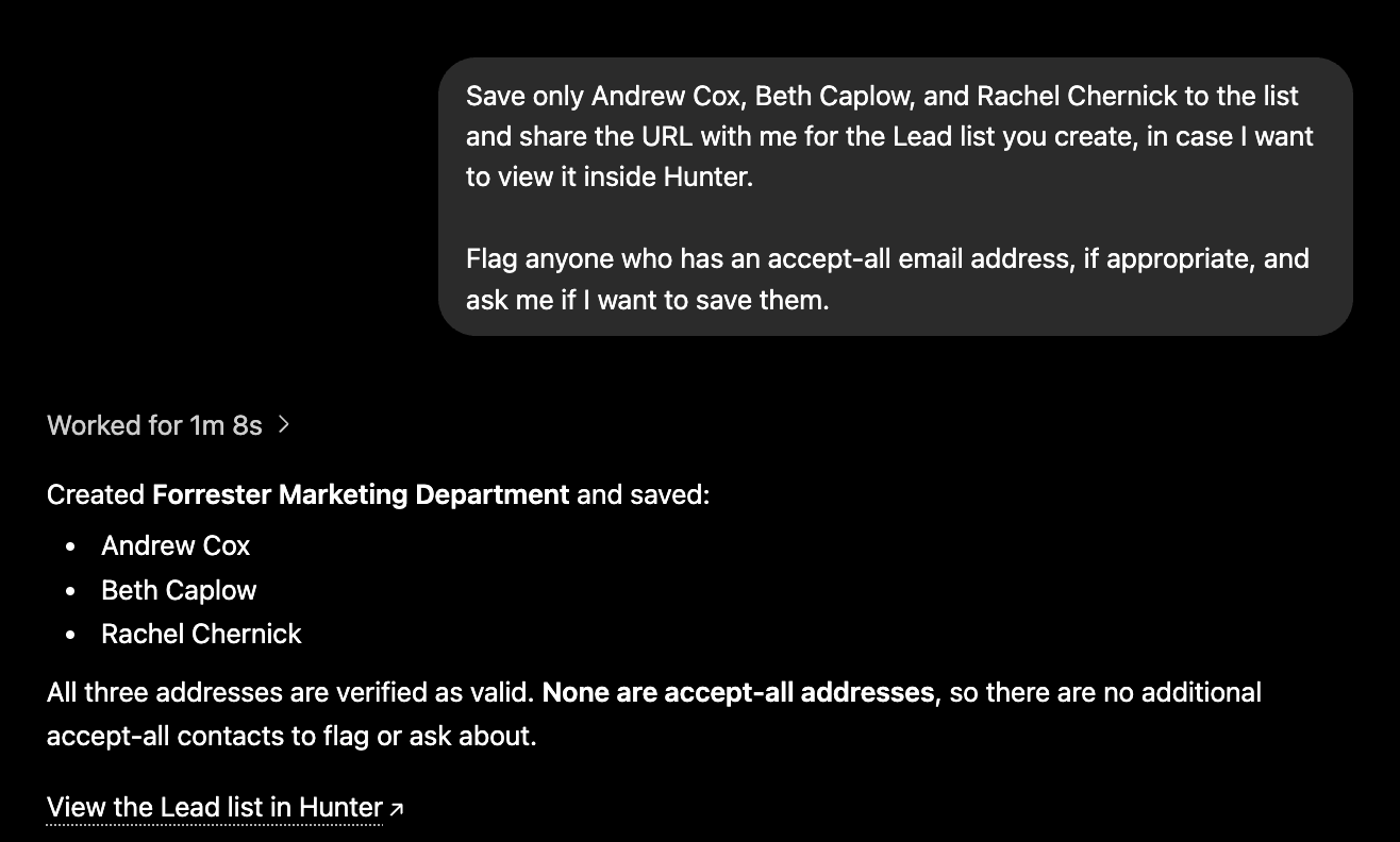 Asking ChatGPT to save your Lead list inside Hunter