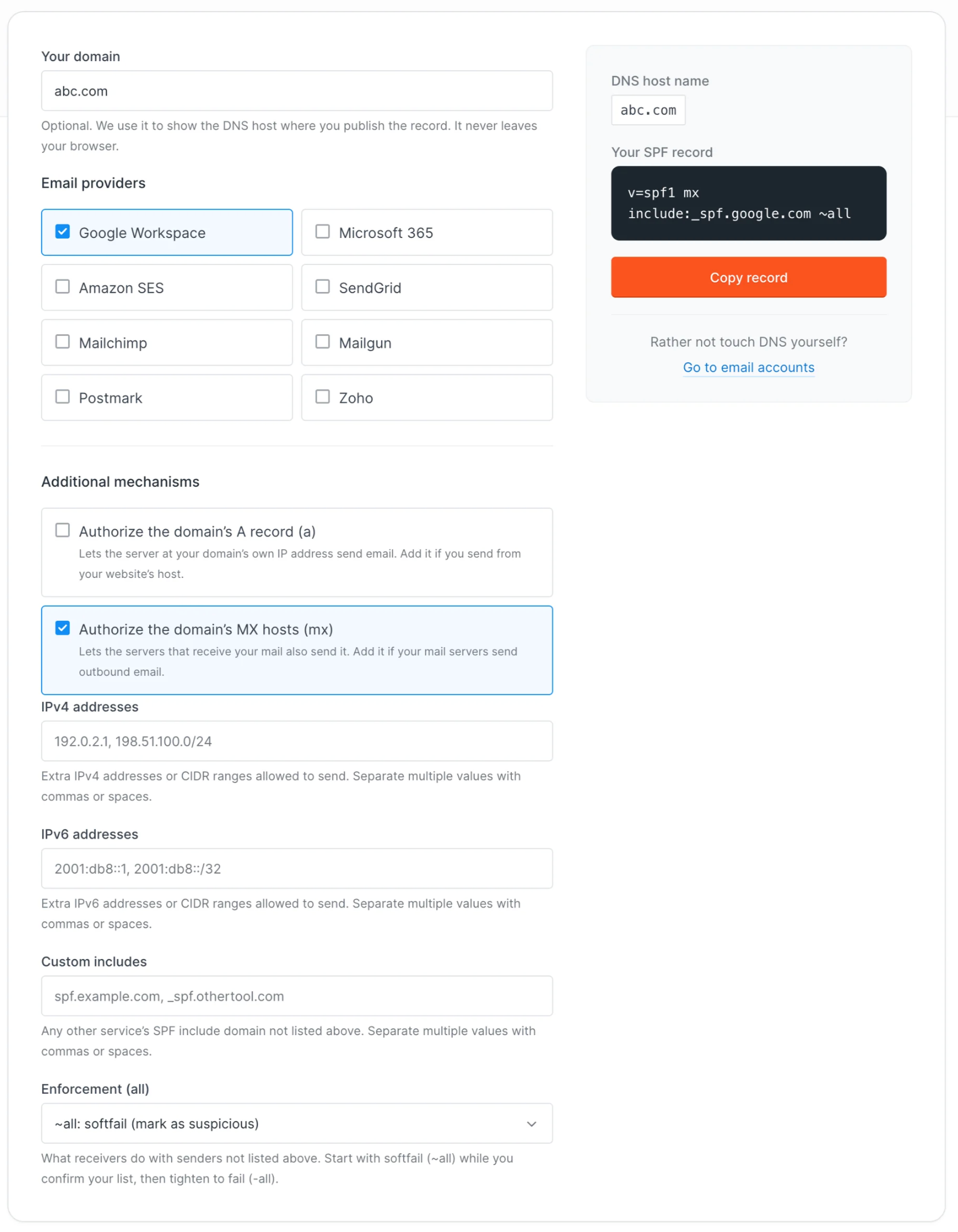 An example SPF record generated