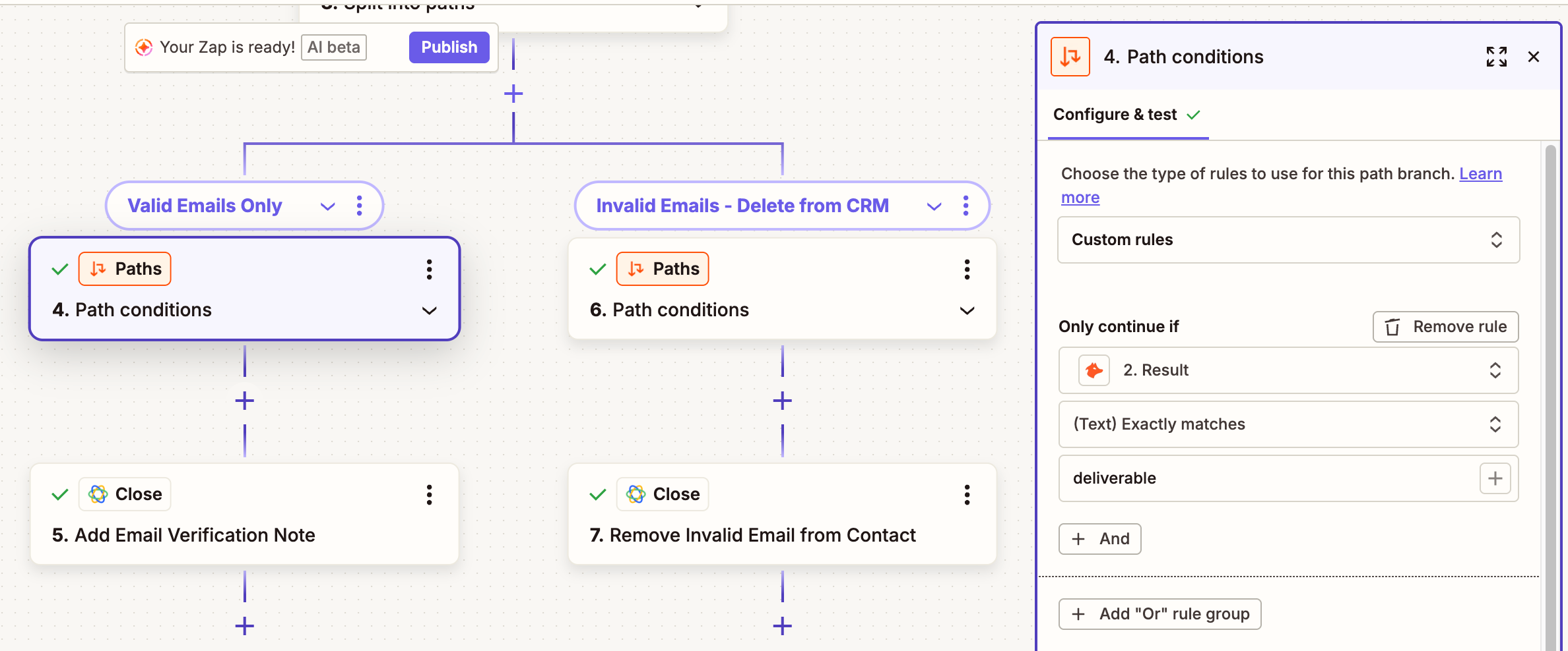 Zap workflow that removes invalid contacts from CRM.