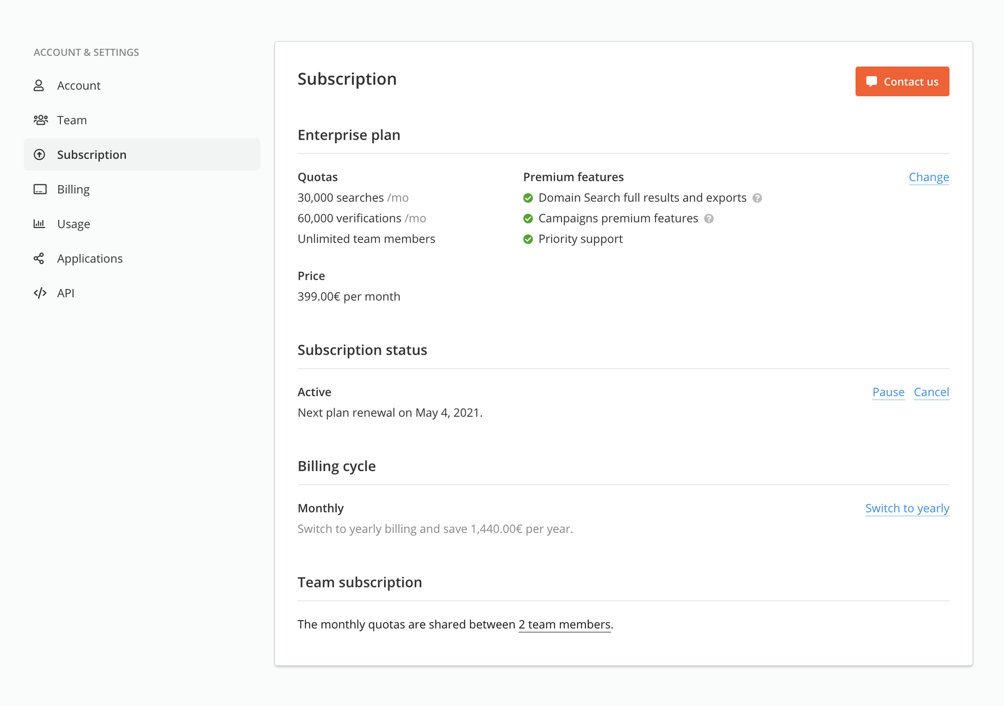 Subscription page