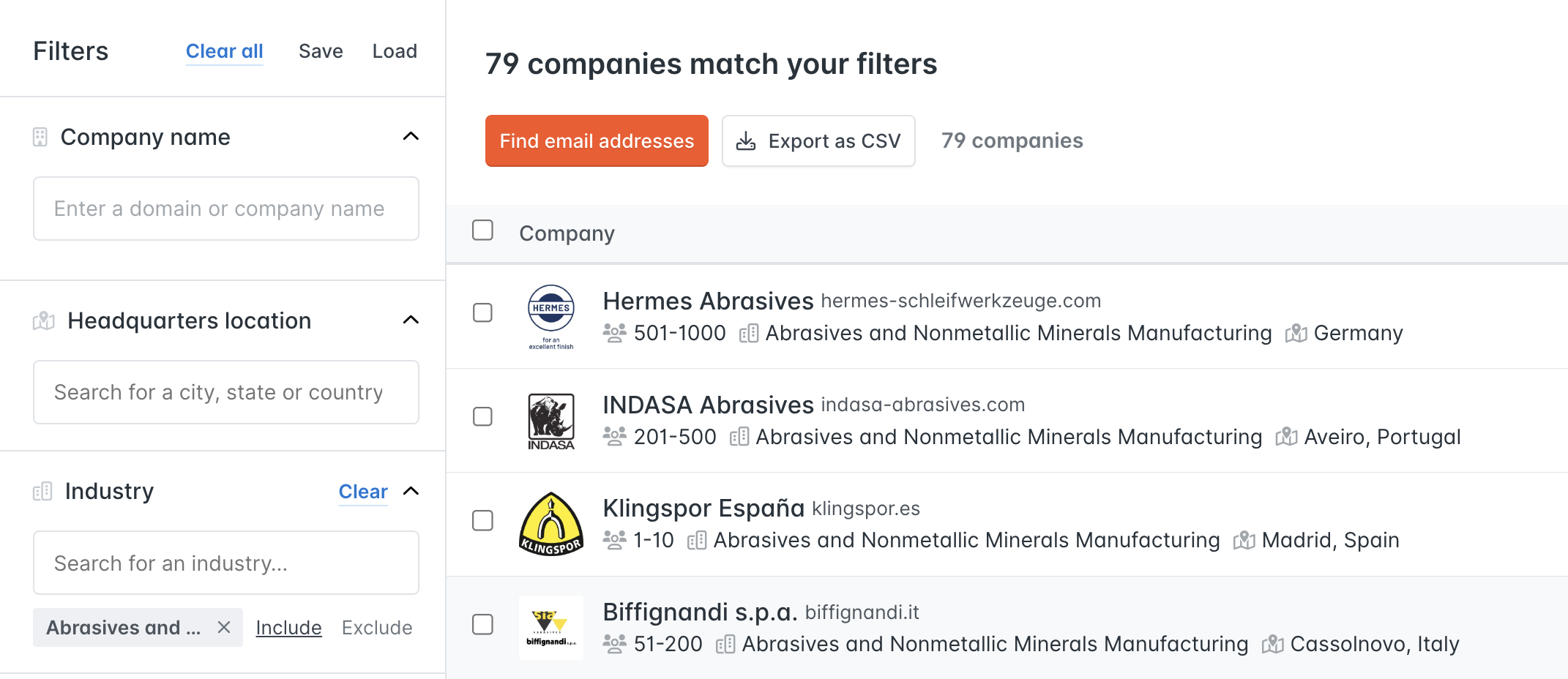An example of an industry search in Hunter Discover
