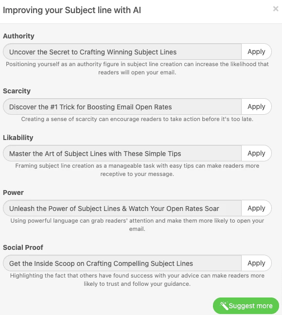 Results generated by Stripo subject line generator