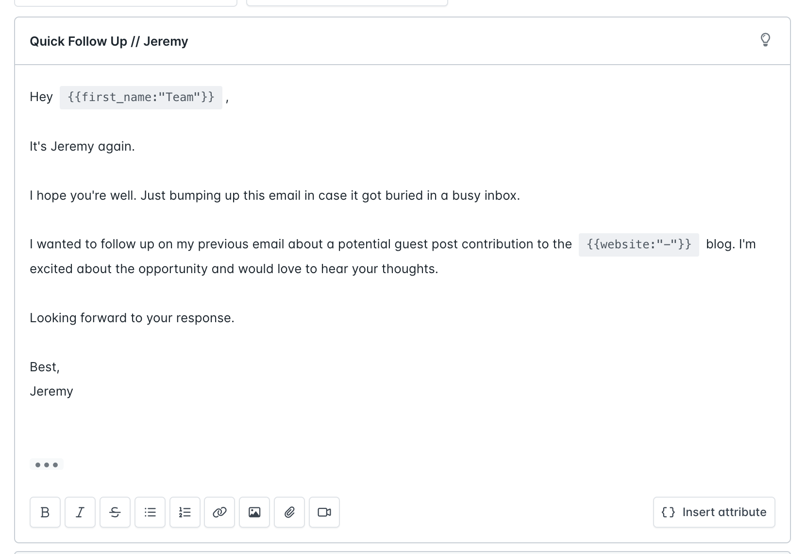 A follow up email created in Hunter Campaigns