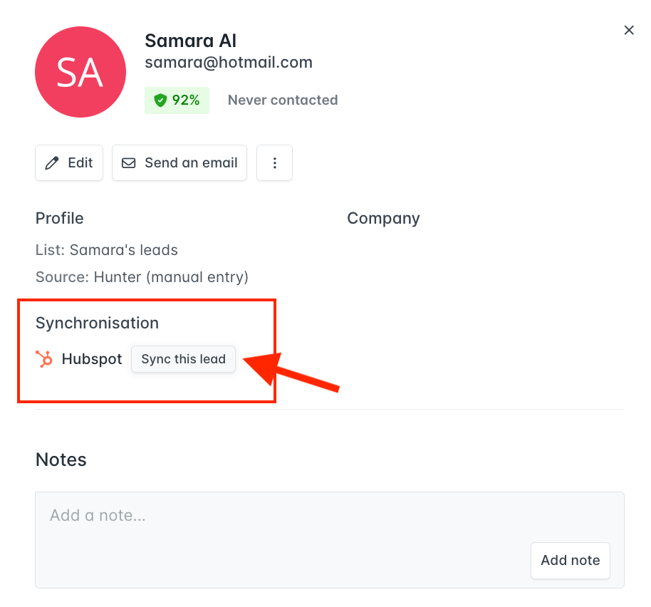 A button for manual synchronization with HubSpot in Hunter Leads
