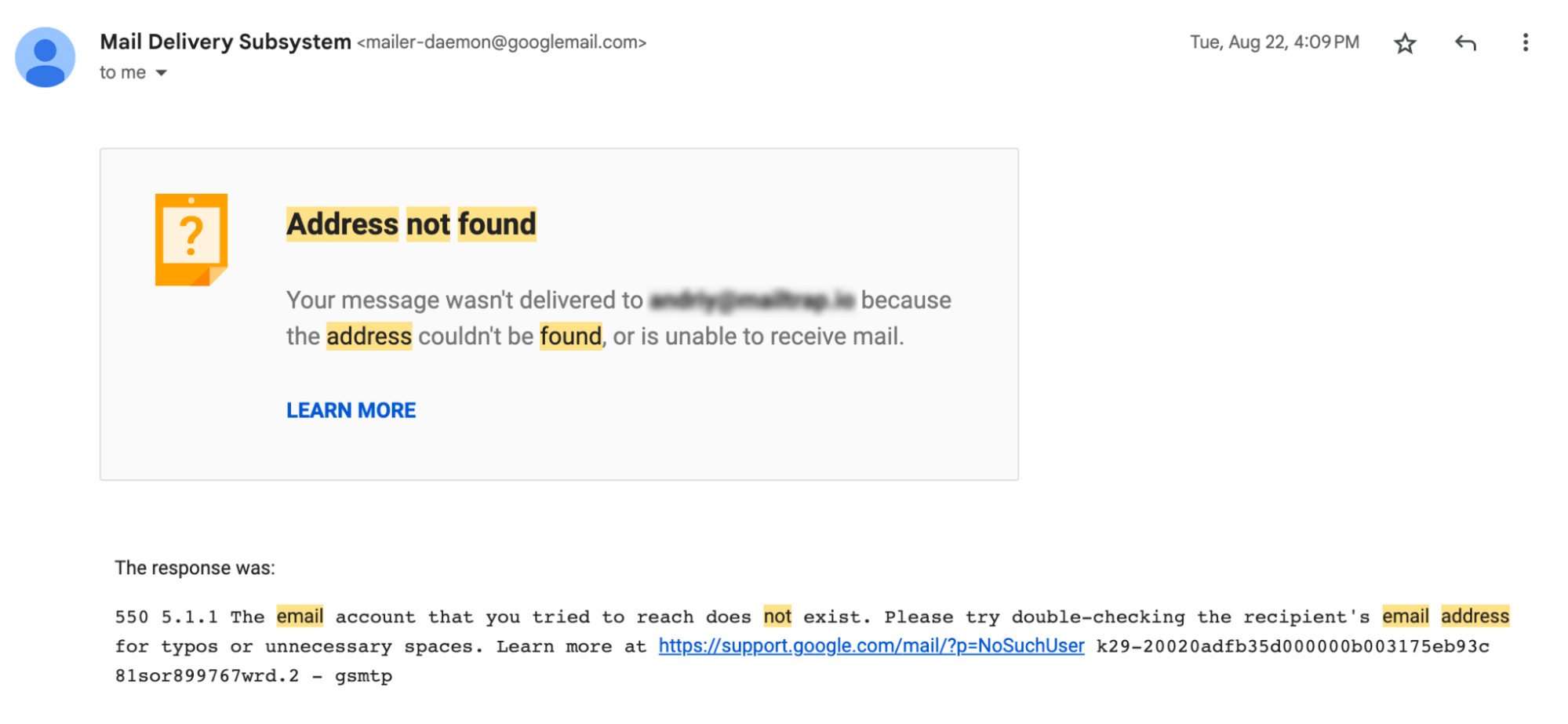 An email bounce back message