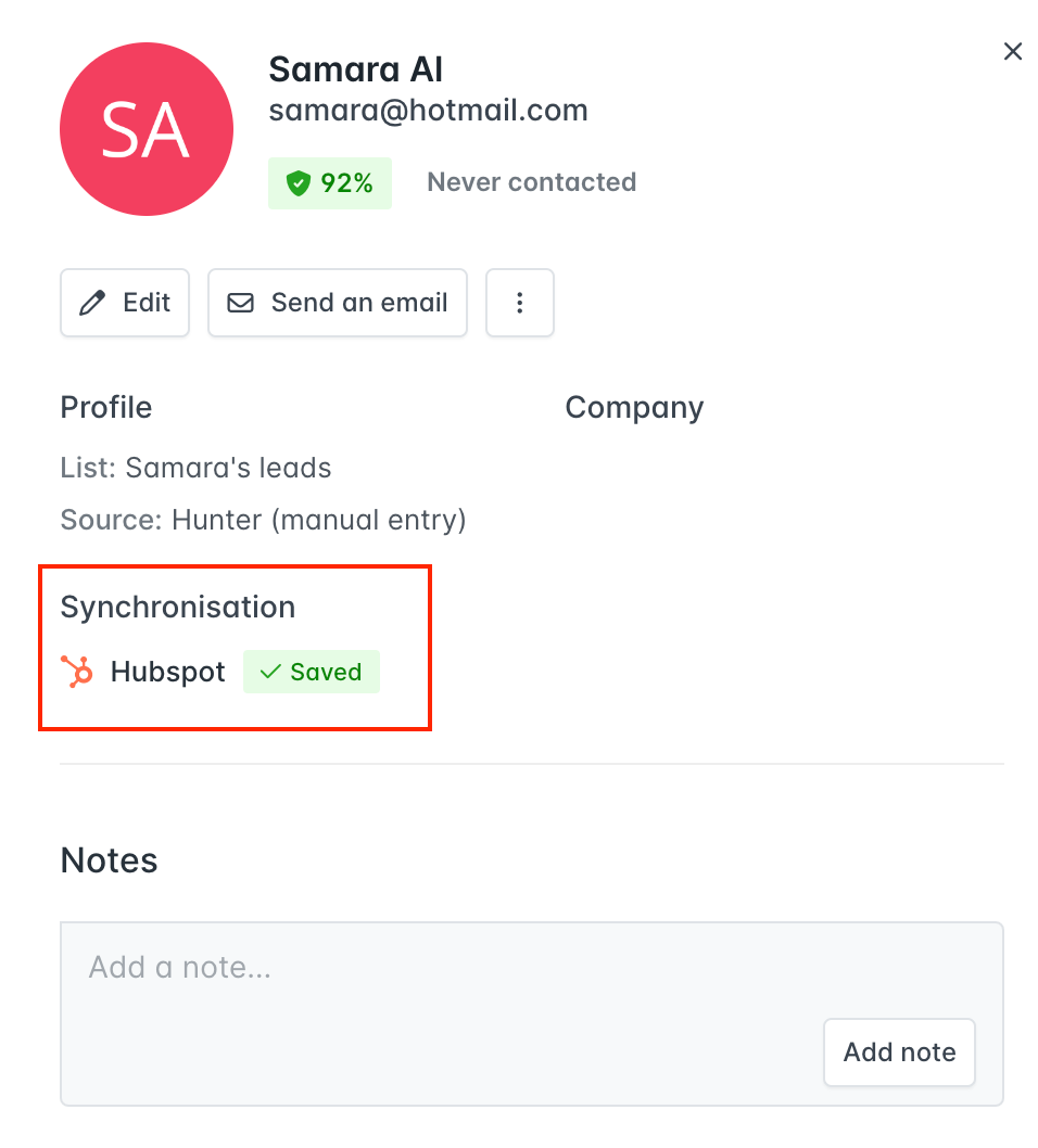 Saved synchronization with HubSpot inside Hunter