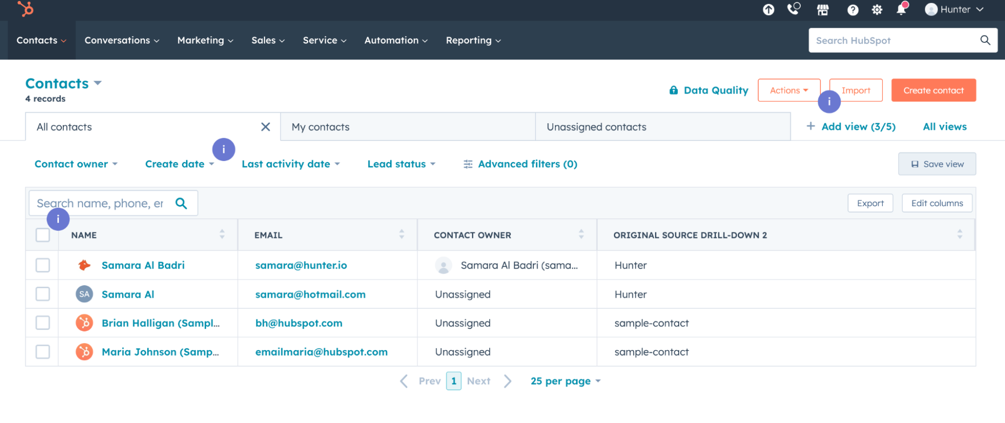importing found contacts to HubSpot