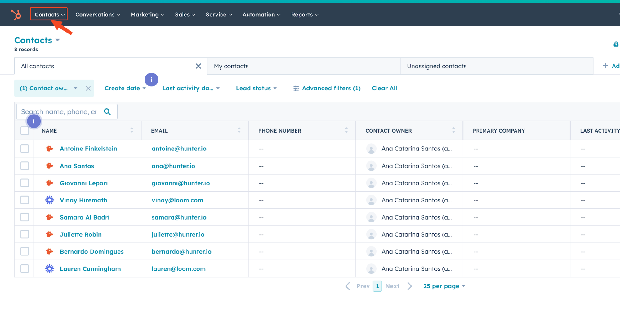 HubSpot showing leads integrated from Hunter