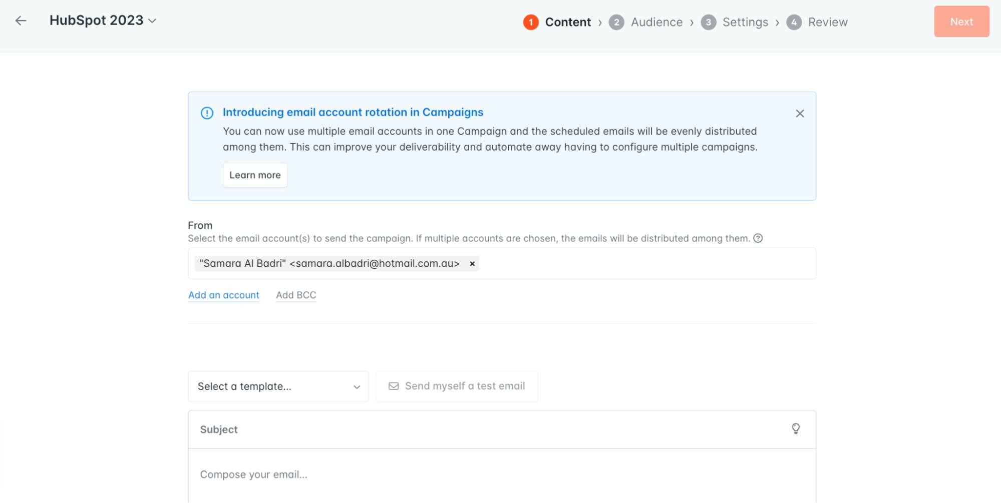 A cold email campaign set up in Hunter Campaigns