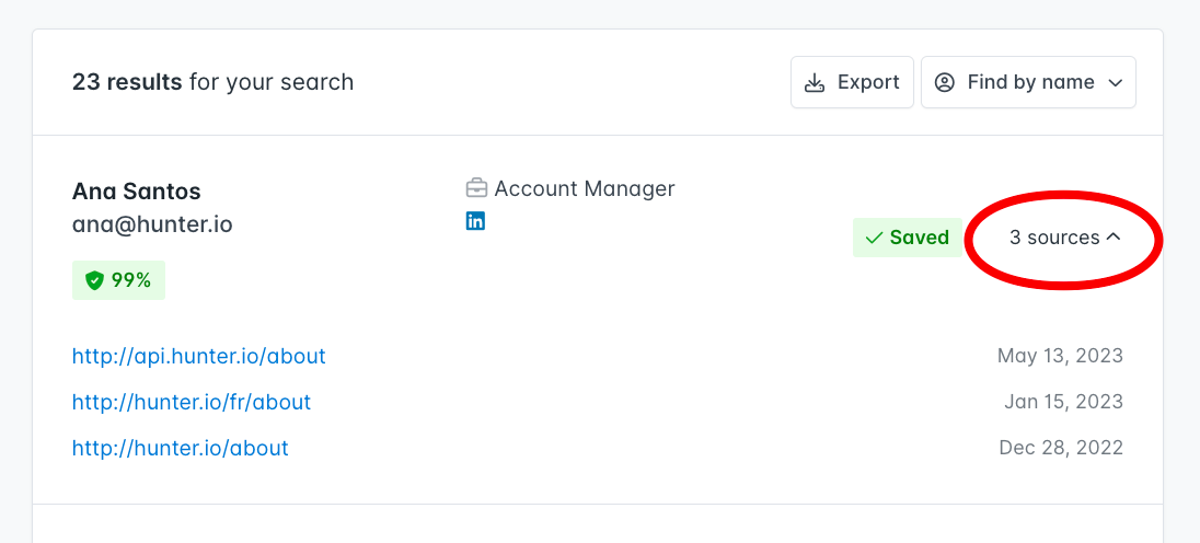 Hunter's Email Finder showing sources where an email was found on the web
