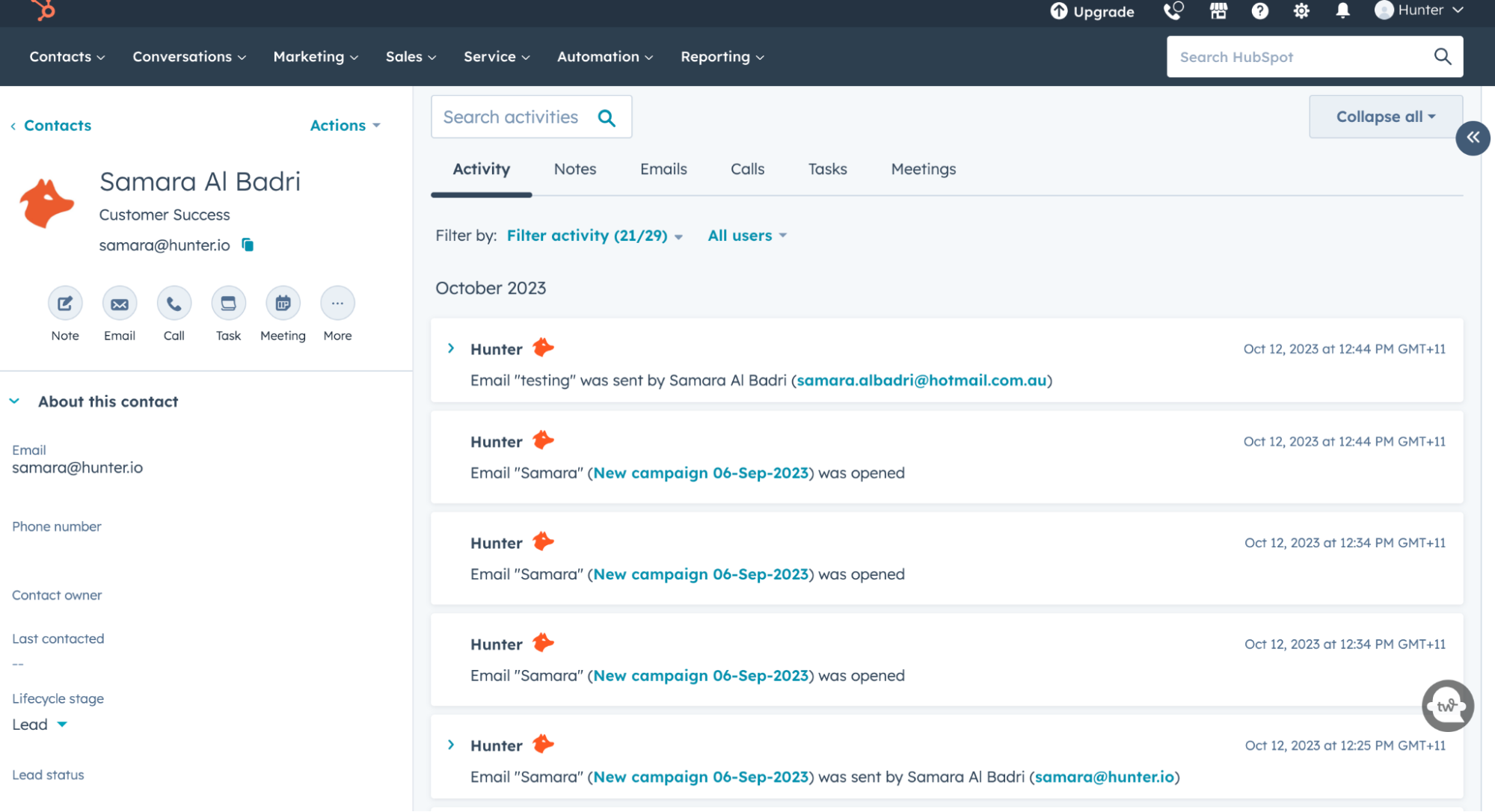 Activities from Hunter showing in HubSpot's Activity tab