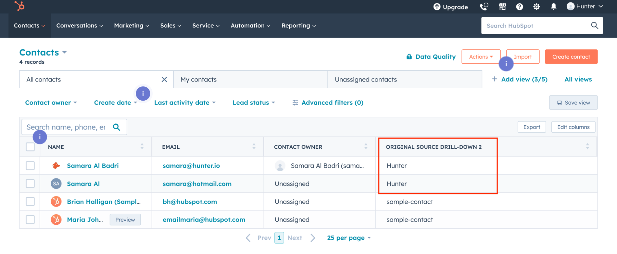 HubSpot showing the original lead source