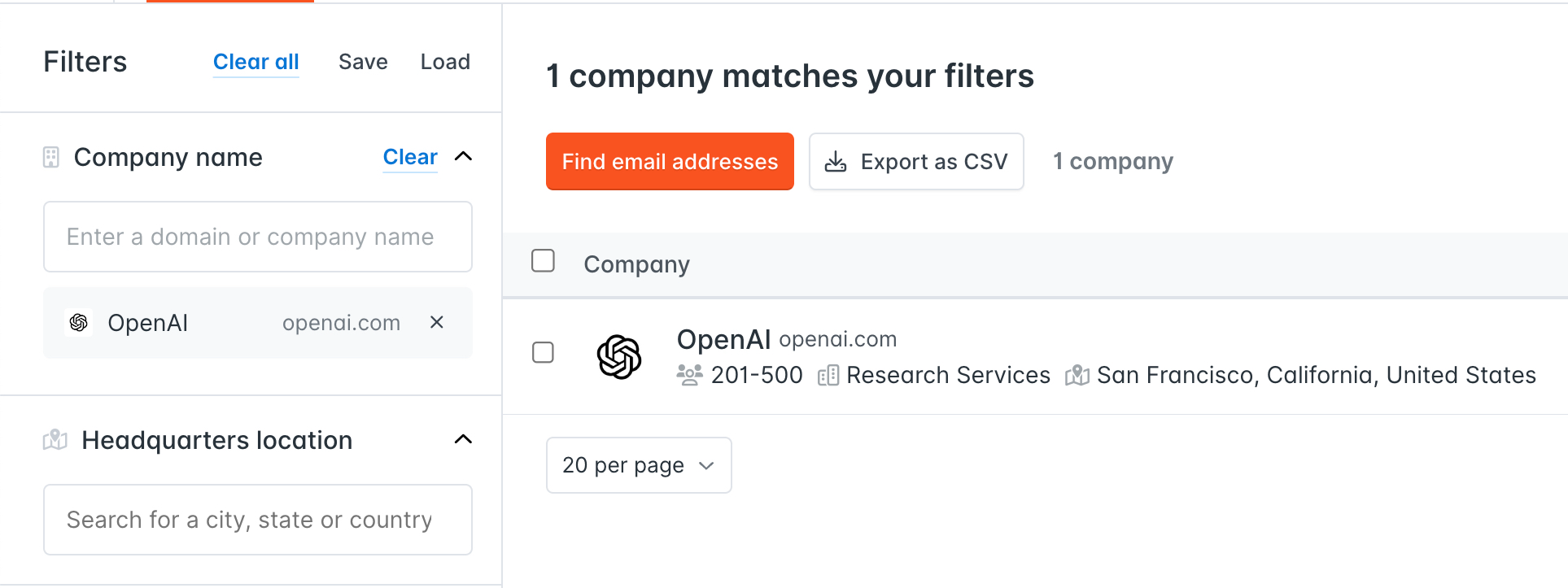 A single company found by company name in Hunter Discover