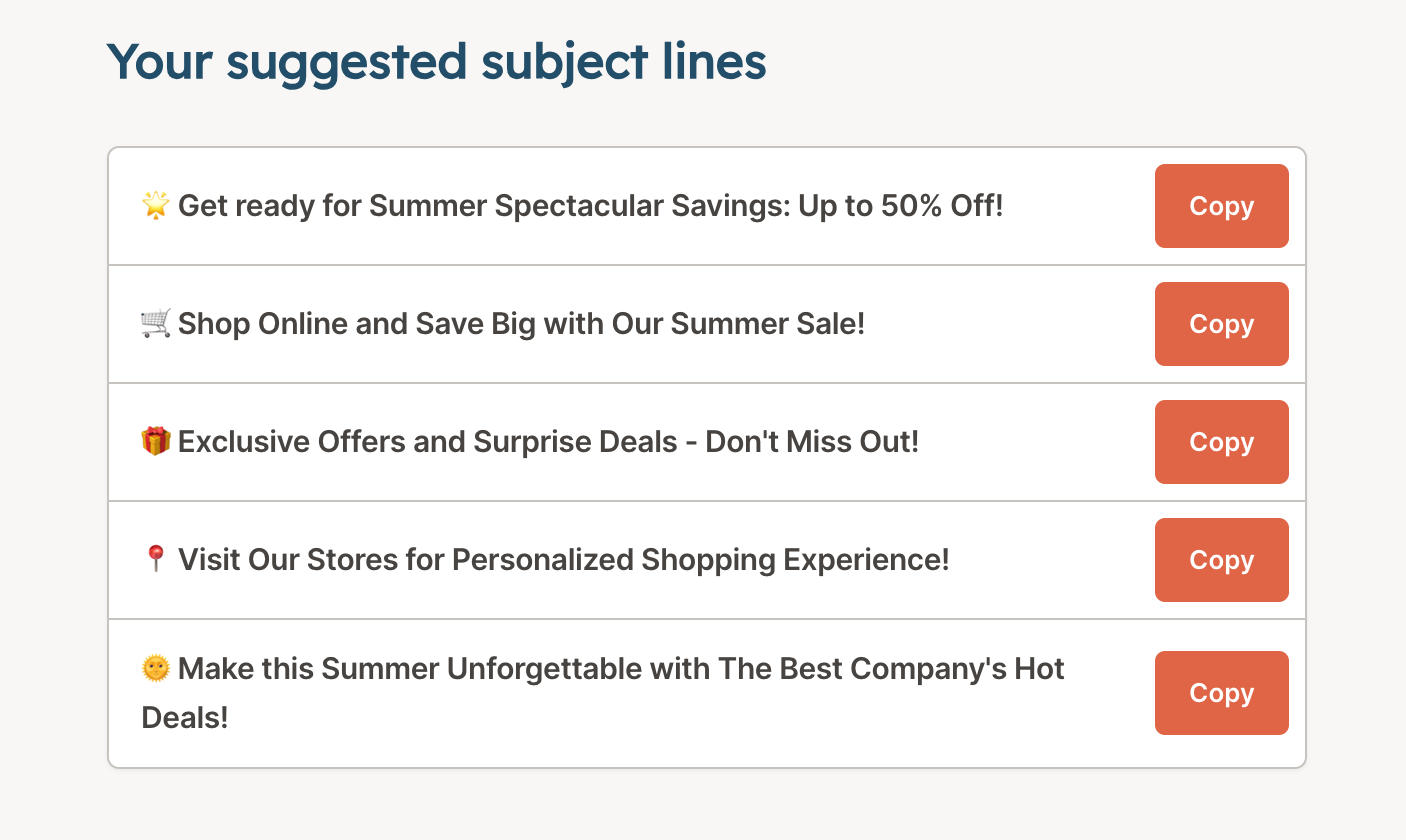 Results generated by YAMM subject line generator