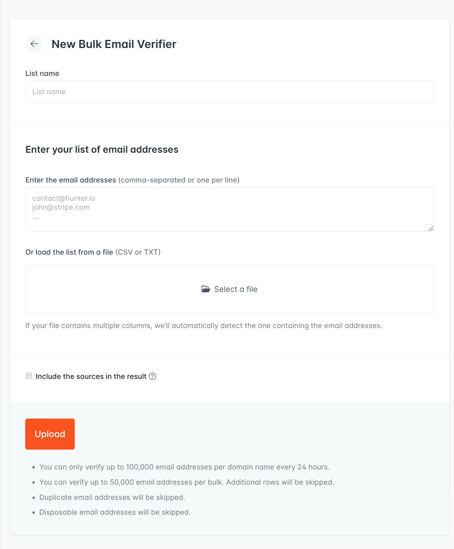 Hunter's Bulk Email Verifier