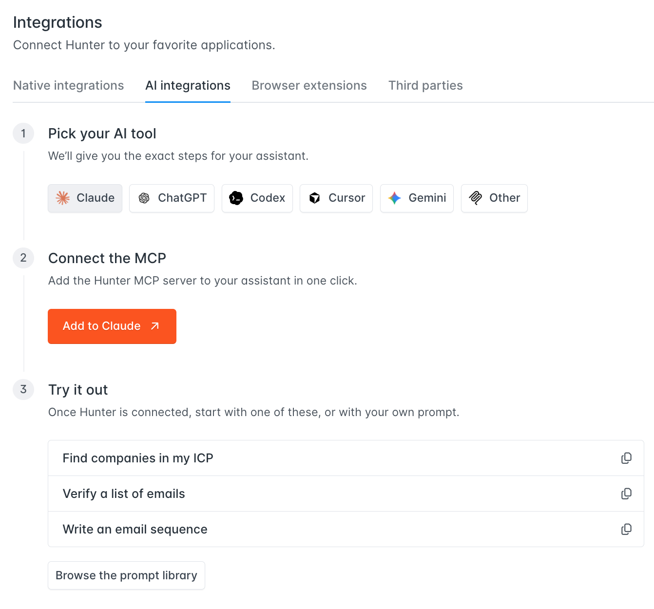 Hunter AI integrations page