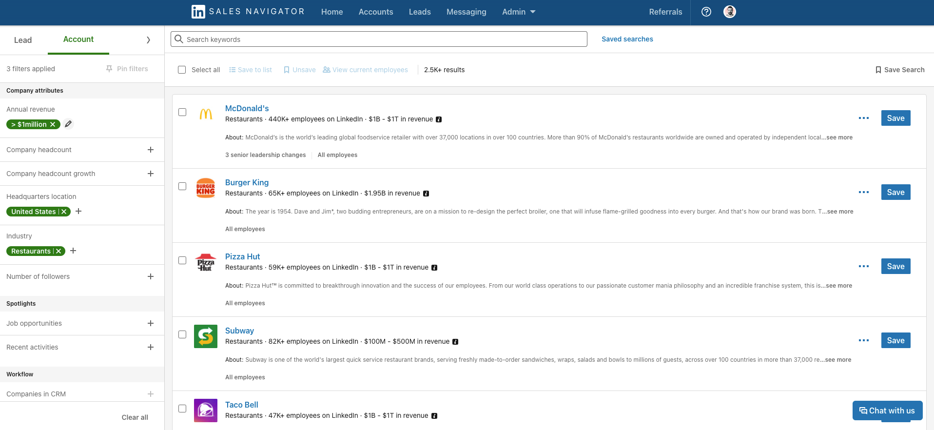 LinkedIn Sales Navigator search results